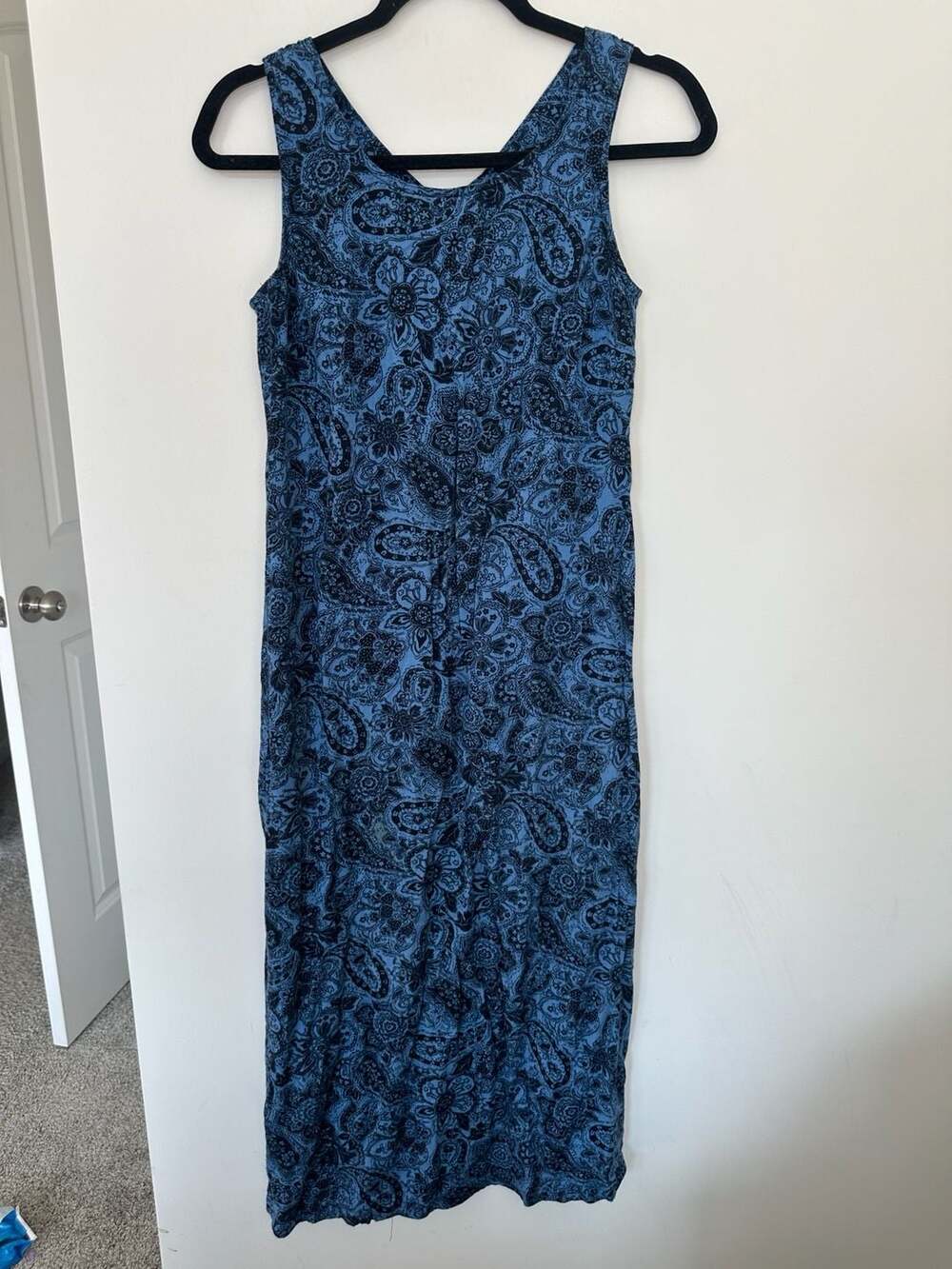 White Stag Maxi Dress Size Small 4/6 Blue Black Paisley Floral Tank Rayon small